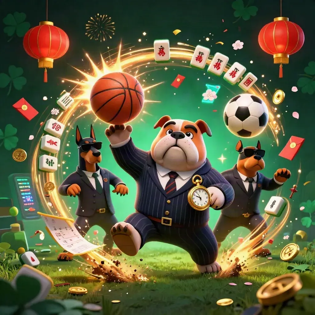 Bulldog boss and two Dobermans amid sports balls, mahjong tiles, lanterns, coins, and fireworks.