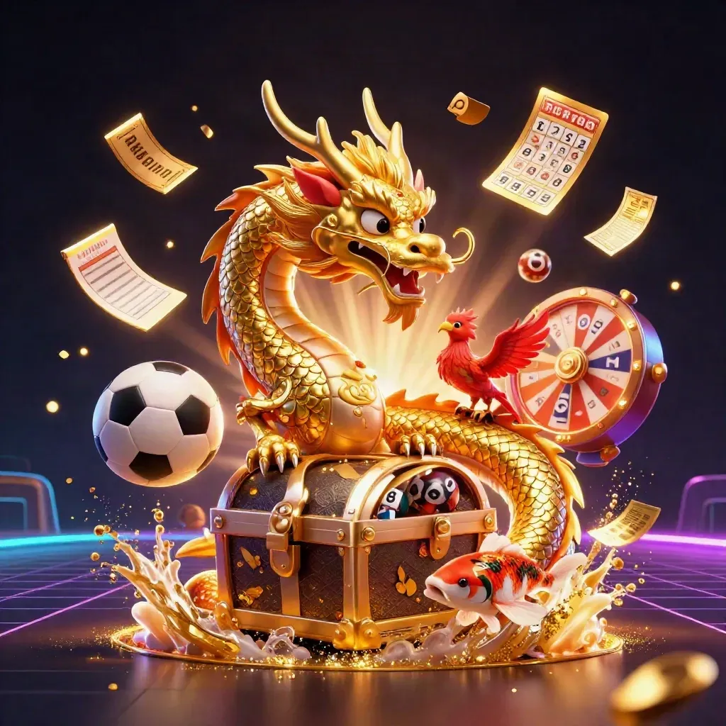 Golden dragon with phoenix and koi amid casino props, neon-lit and explosive