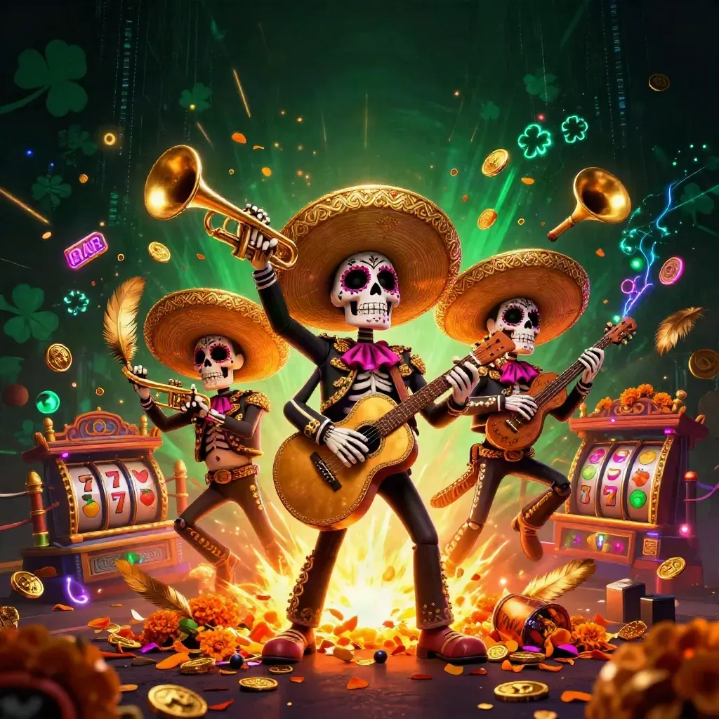Skeleton mariachi trio amid gold, neon energy, temple gate, reels, and treasure