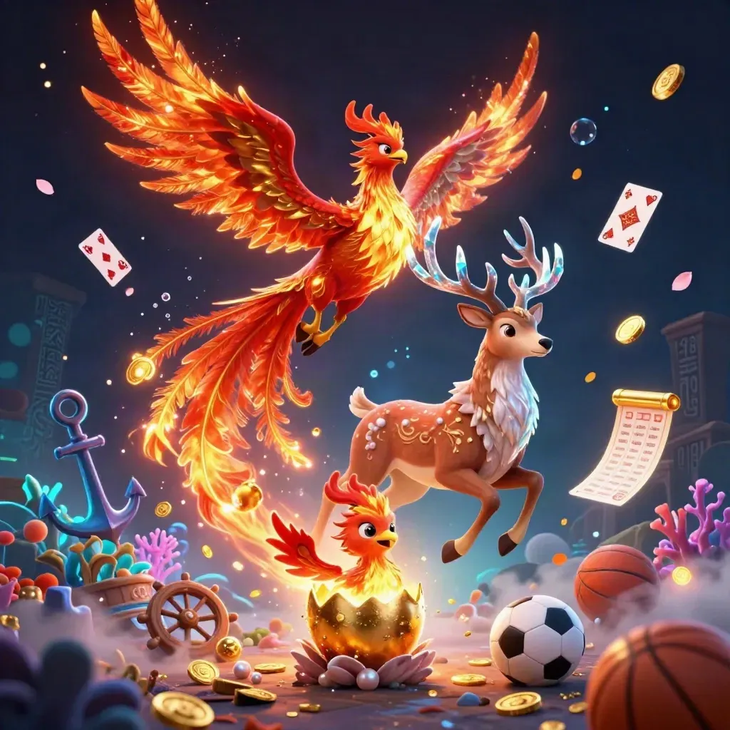 Phoenix, baby phoenix, and crystal stag amid casino treasure, glowing coins, and sports balls.