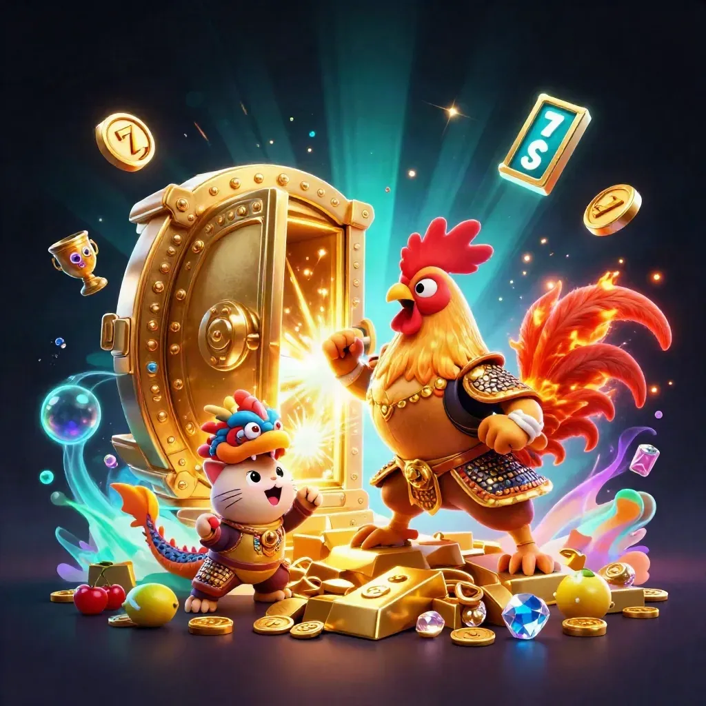 Rooster samurai, dragon hatchling and fortune cat burst from a golden vault in neon casino light.
