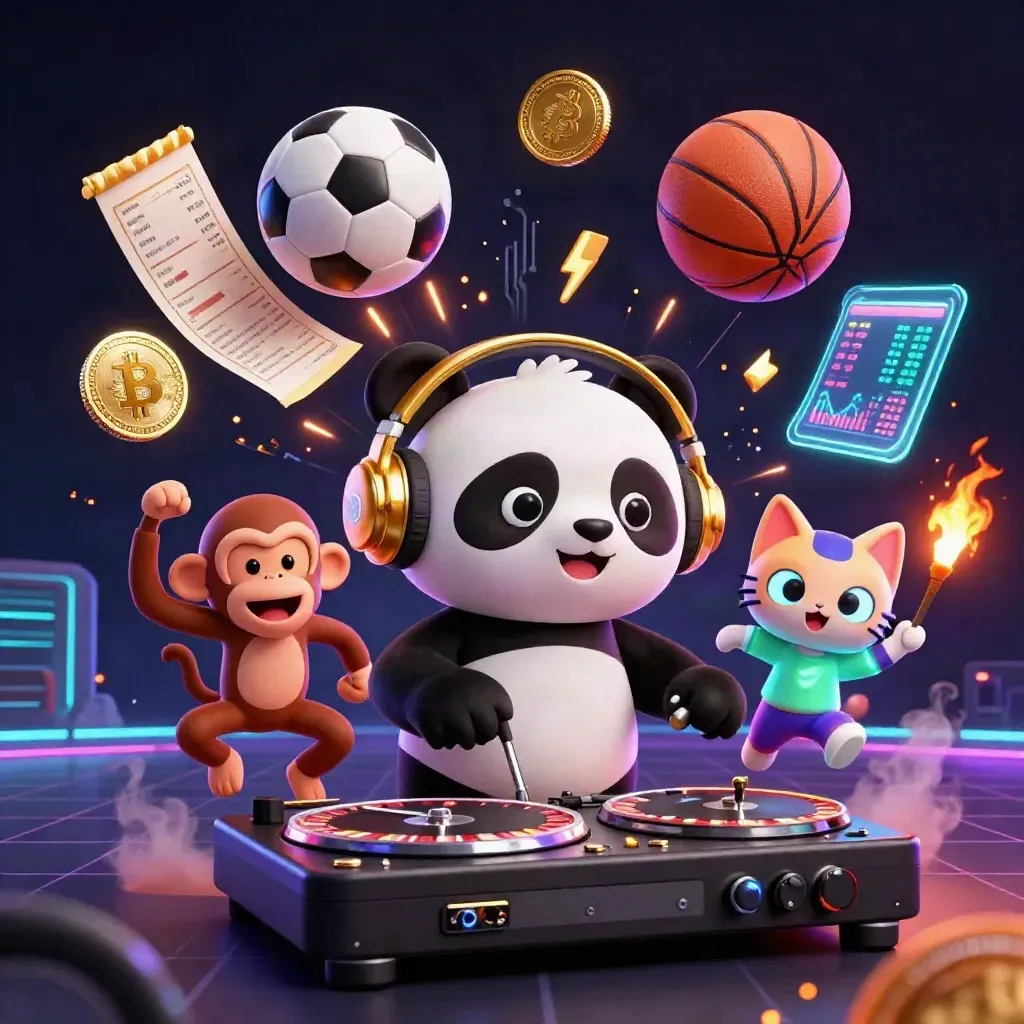Neon panda DJ, breakdancing monkey and rave kitten amid casino coins, sports balls and lightning