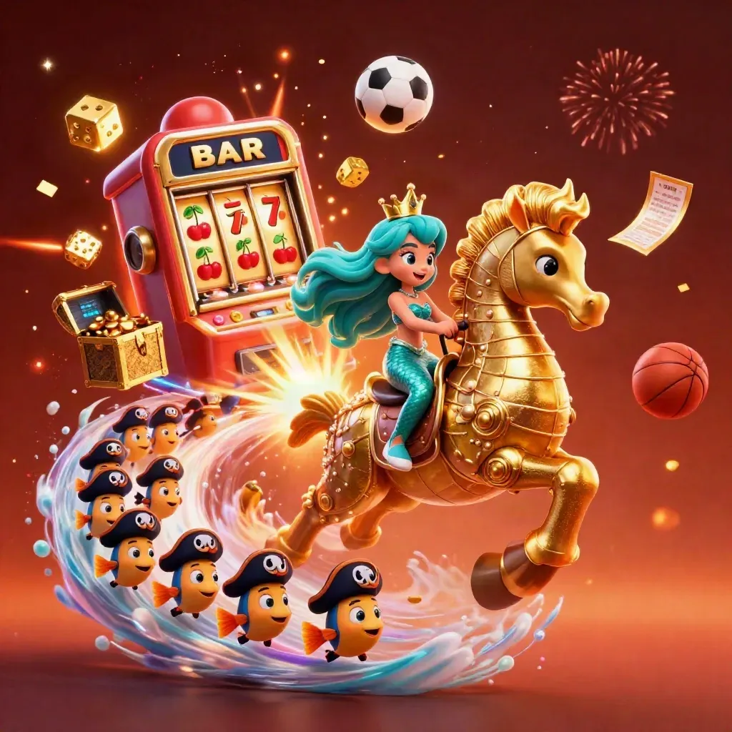 Mermaid princess rides a golden seahorse amid slot bursts, dice, fish, and sports props in neon glow.