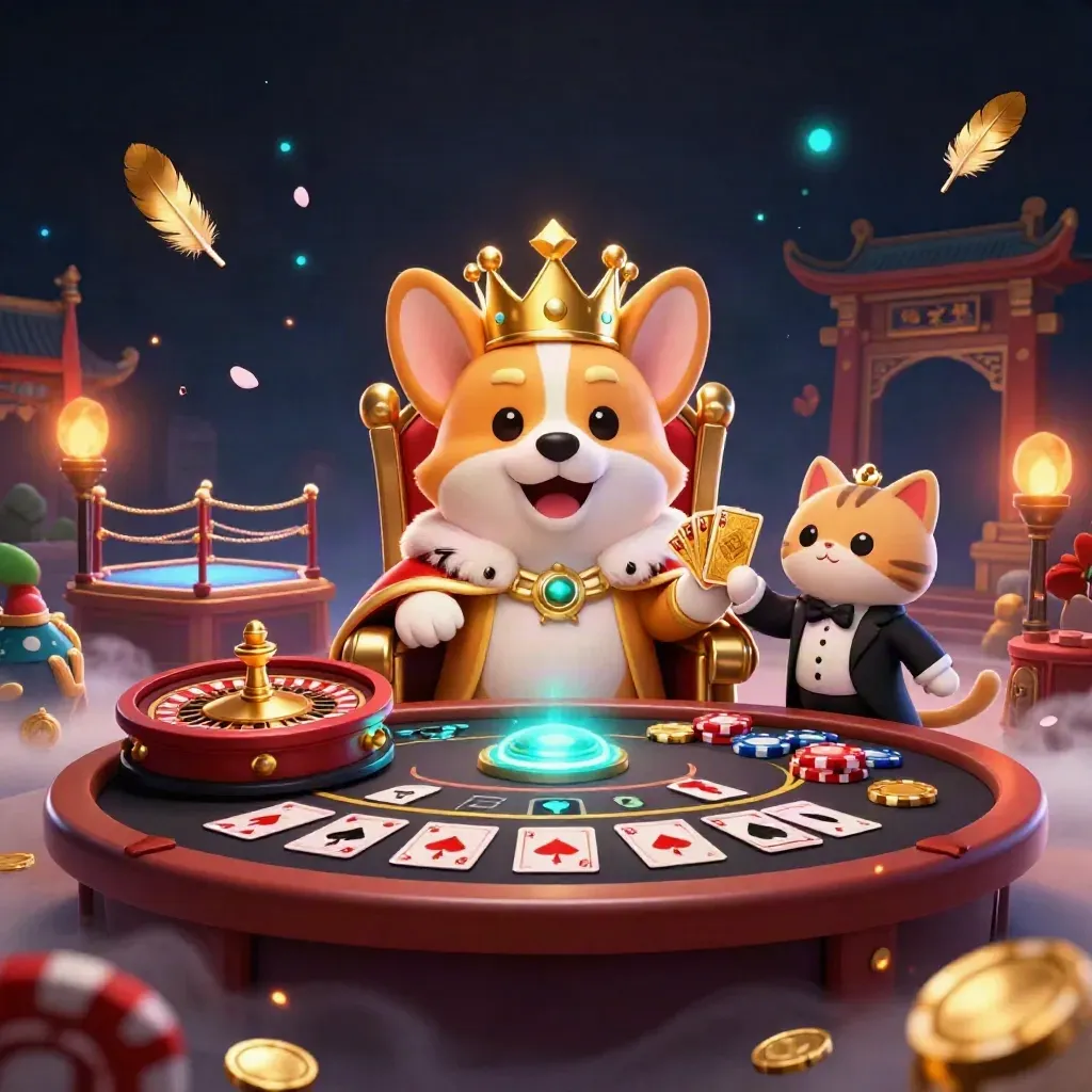 Royal corgi and cat butler in a neon casino room with spinning wheel, gold sparks, and fog.