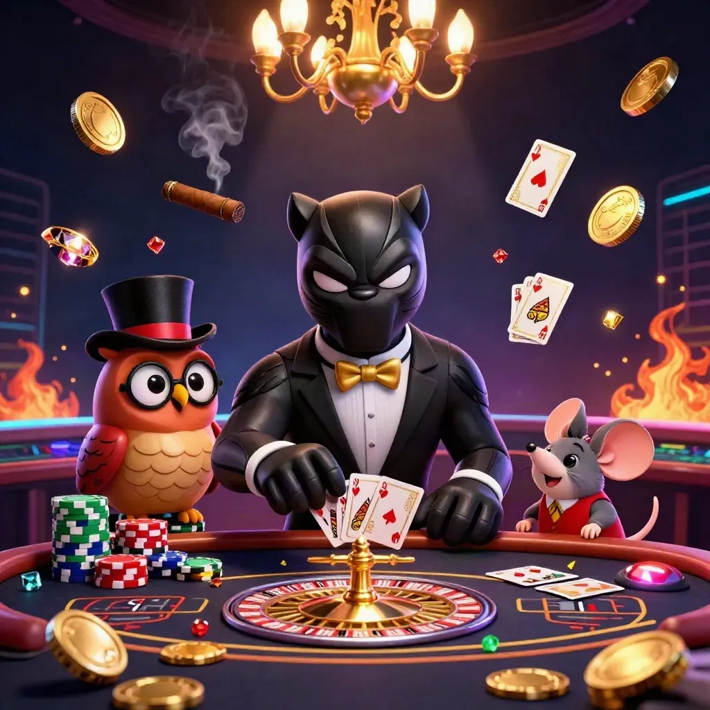 Panther, owl, and mouse amid roulette, cards, coins, and glowing casino lights
