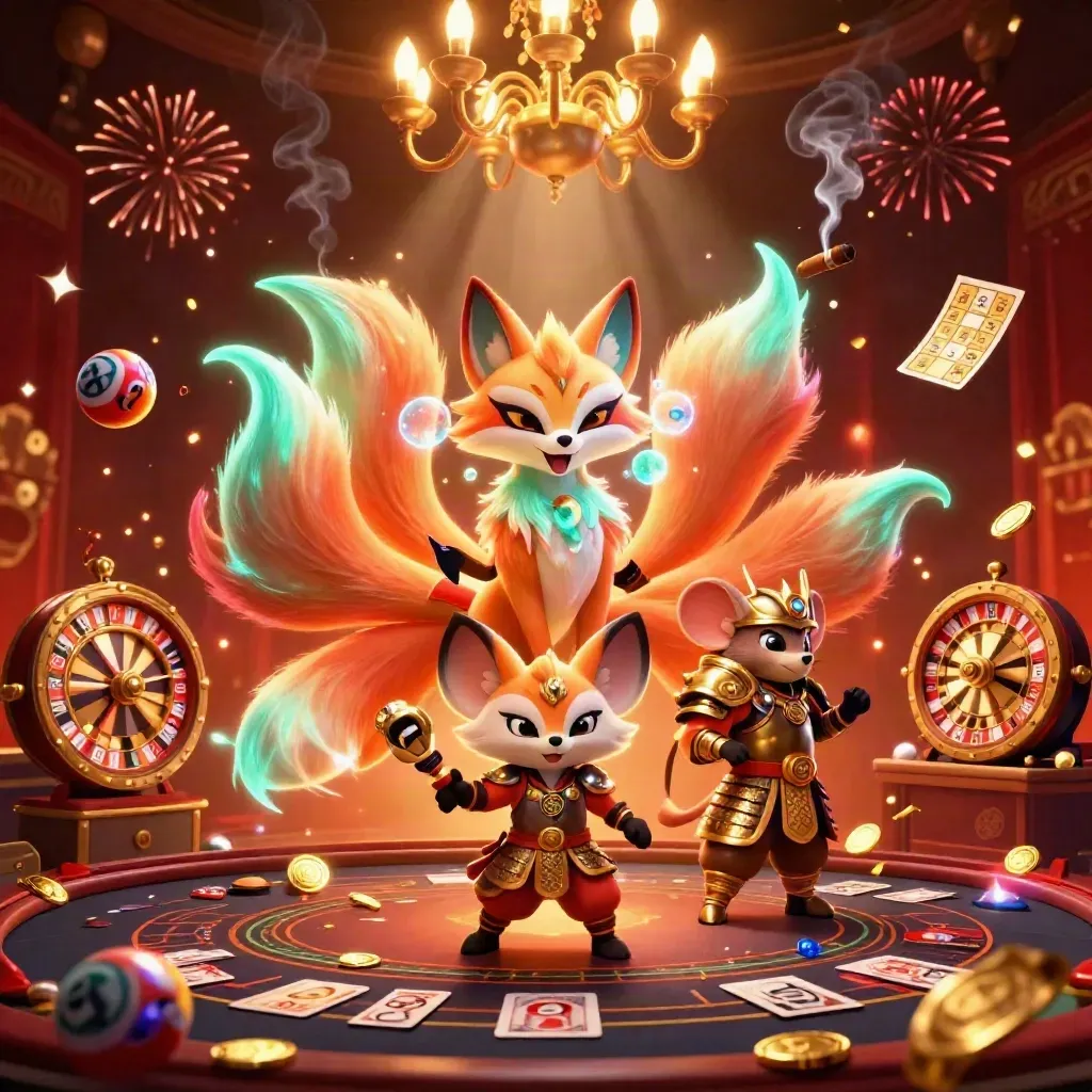 Neon fox spirit and armored mouse amid casino wheels, lottery balls, confetti and glowing embers.