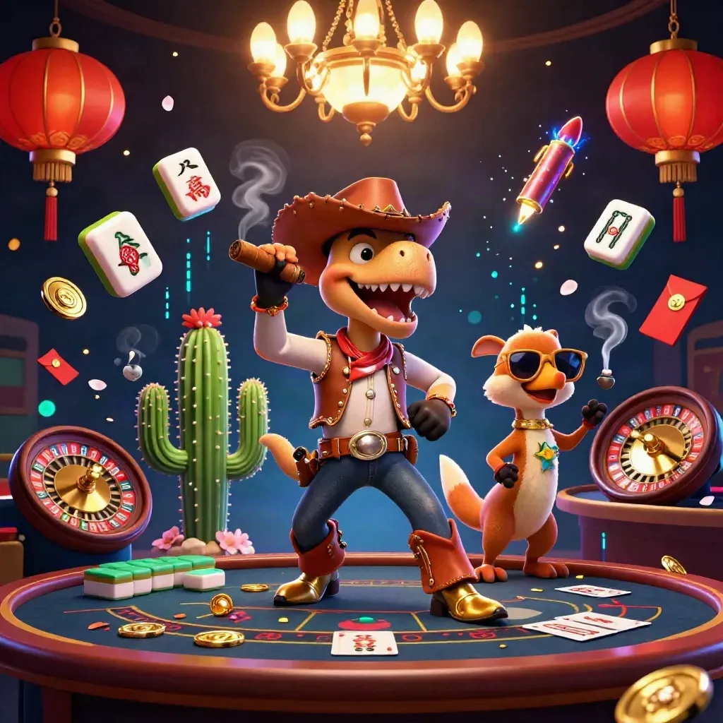 Cowboy T-Rex, cactus, and roadrunner in a neon casino with lanterns, coins, and a roulette wheel.