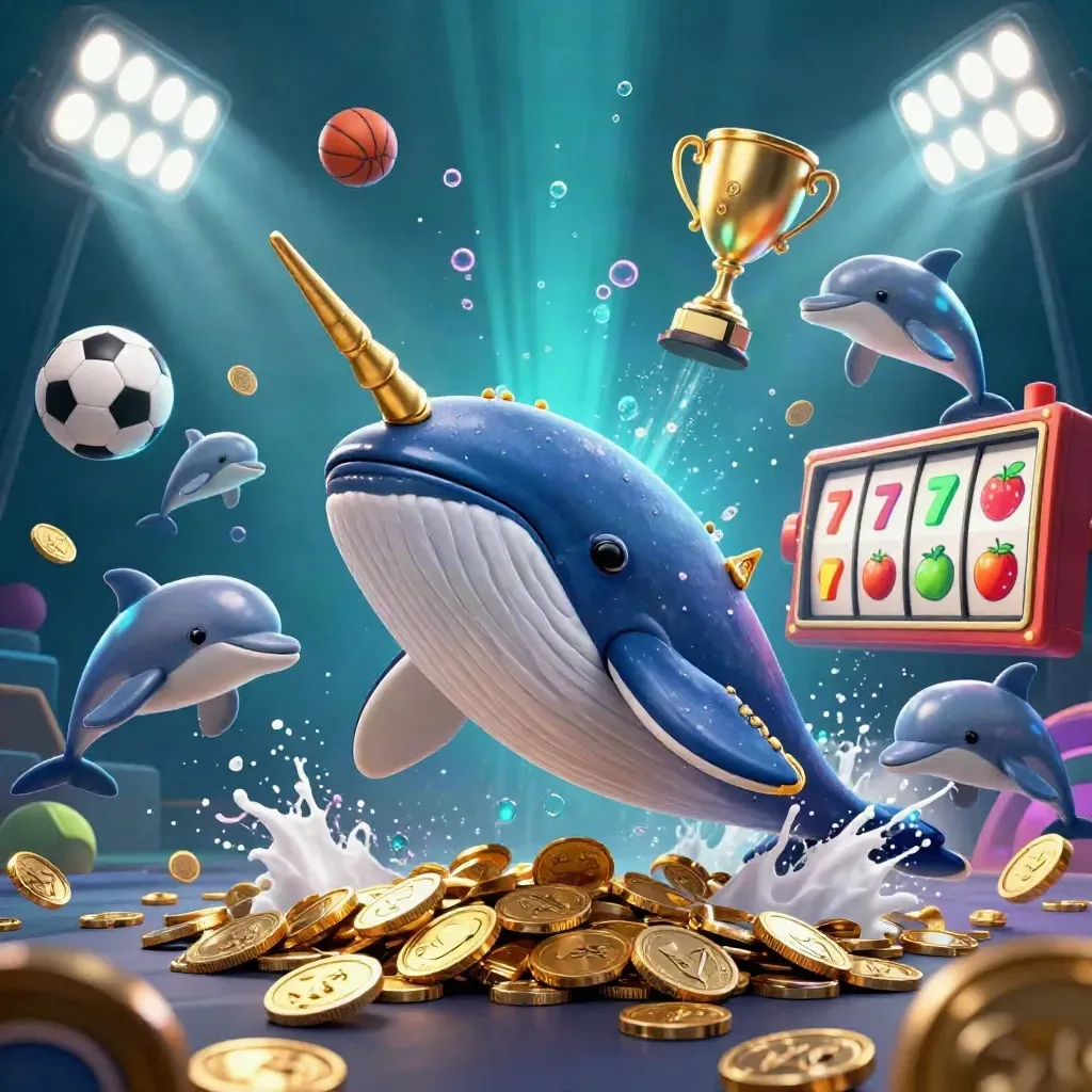 Captain whale and narwhal amid coins, sports balls, trophy, and teal underwater glow