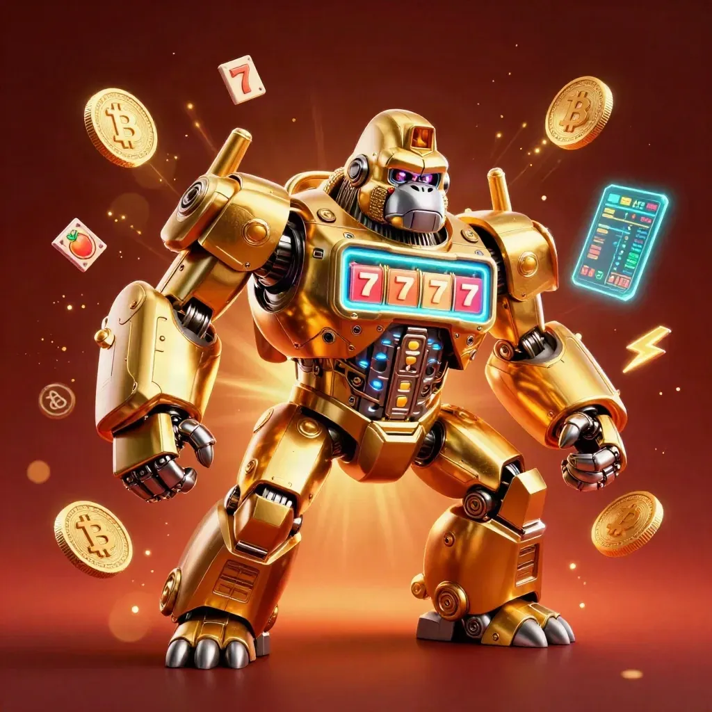 Golden gorilla mech with tiny monkey pilot, exploding coins, neon lightning, and casino symbols.