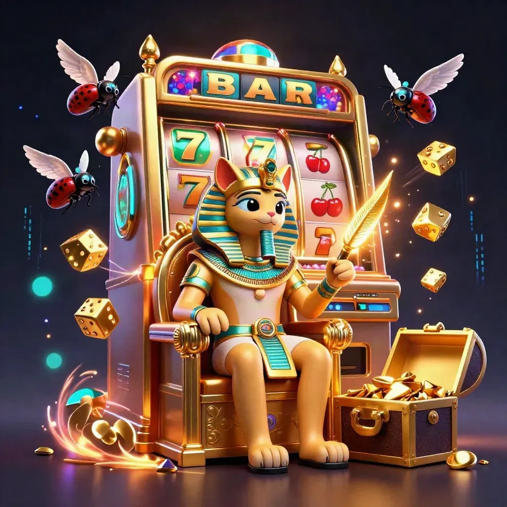 Pharaoh cat, ibis scribe, and gem-winged scarabs with exploding gold and slot symbols