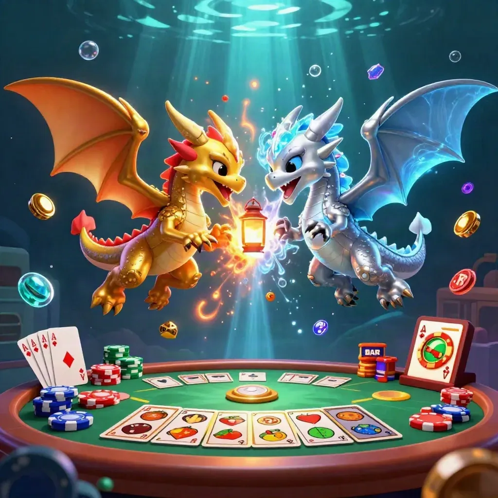 Twin gold and silver dragons yin-yang diving amid casino chips, cards, and underwater glow.