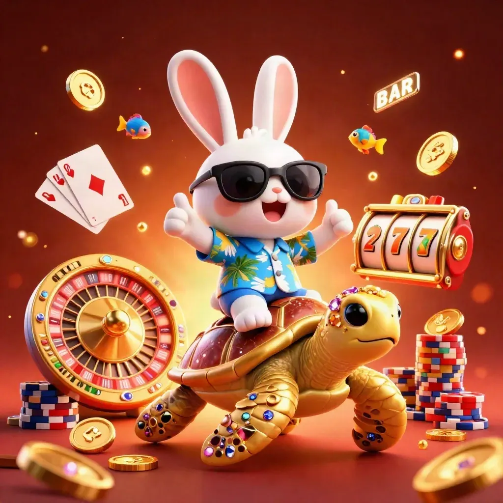 Lucky rabbit on gem-turtle amid coins, cards, chips, roulette wheel, ember glow