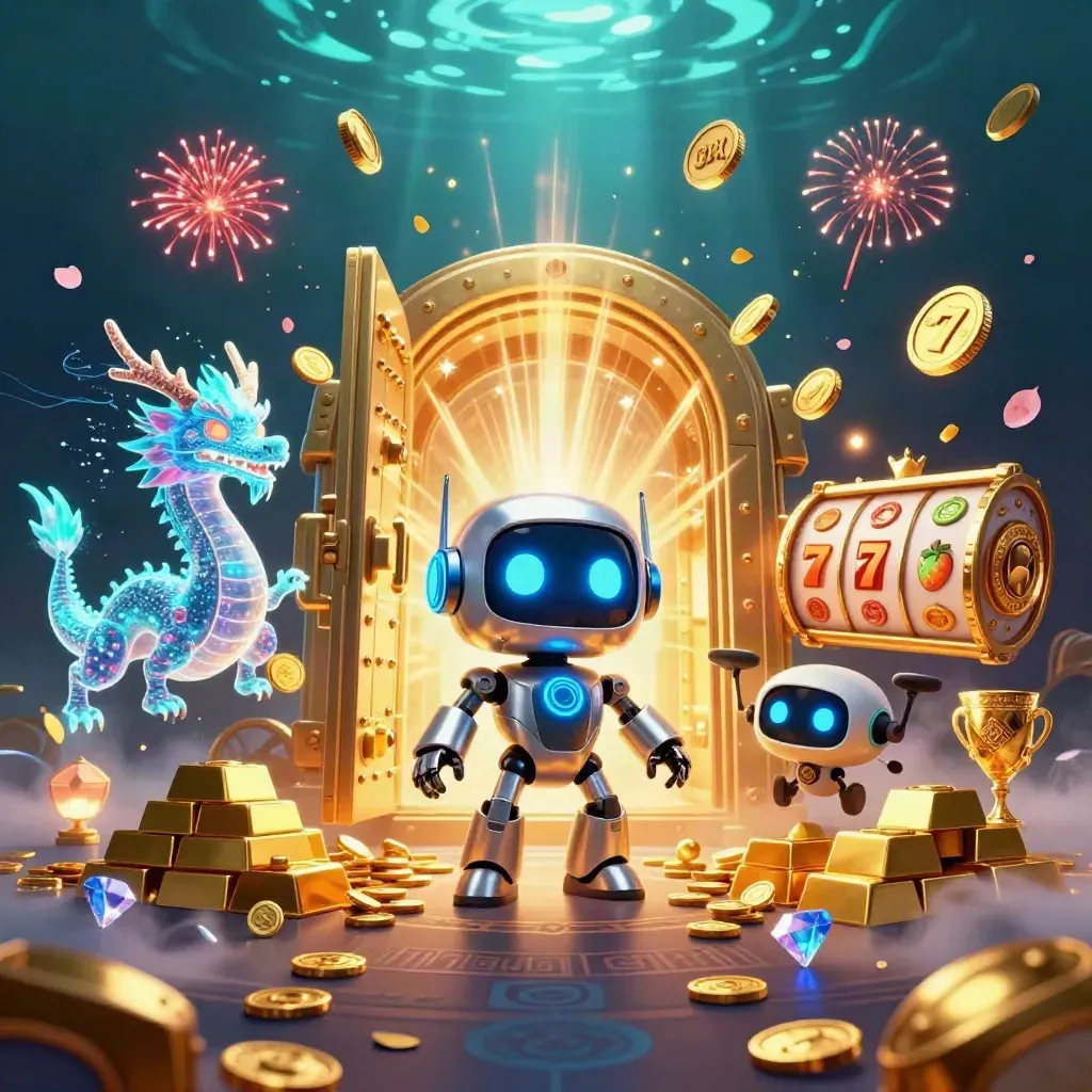Cyberpunk robot, holographic dragon, and coin drone bursting from a golden vault with casino loot.