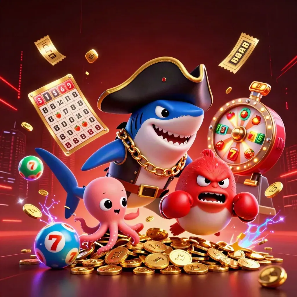Pirate shark, boxing pufferfish, and baby octopus burst amid coins, wheels, and neon energy.