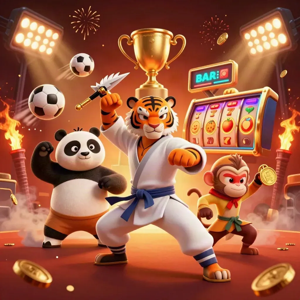 Kung-fu tiger, panda, and monkey in a coin-burst casino action scene.