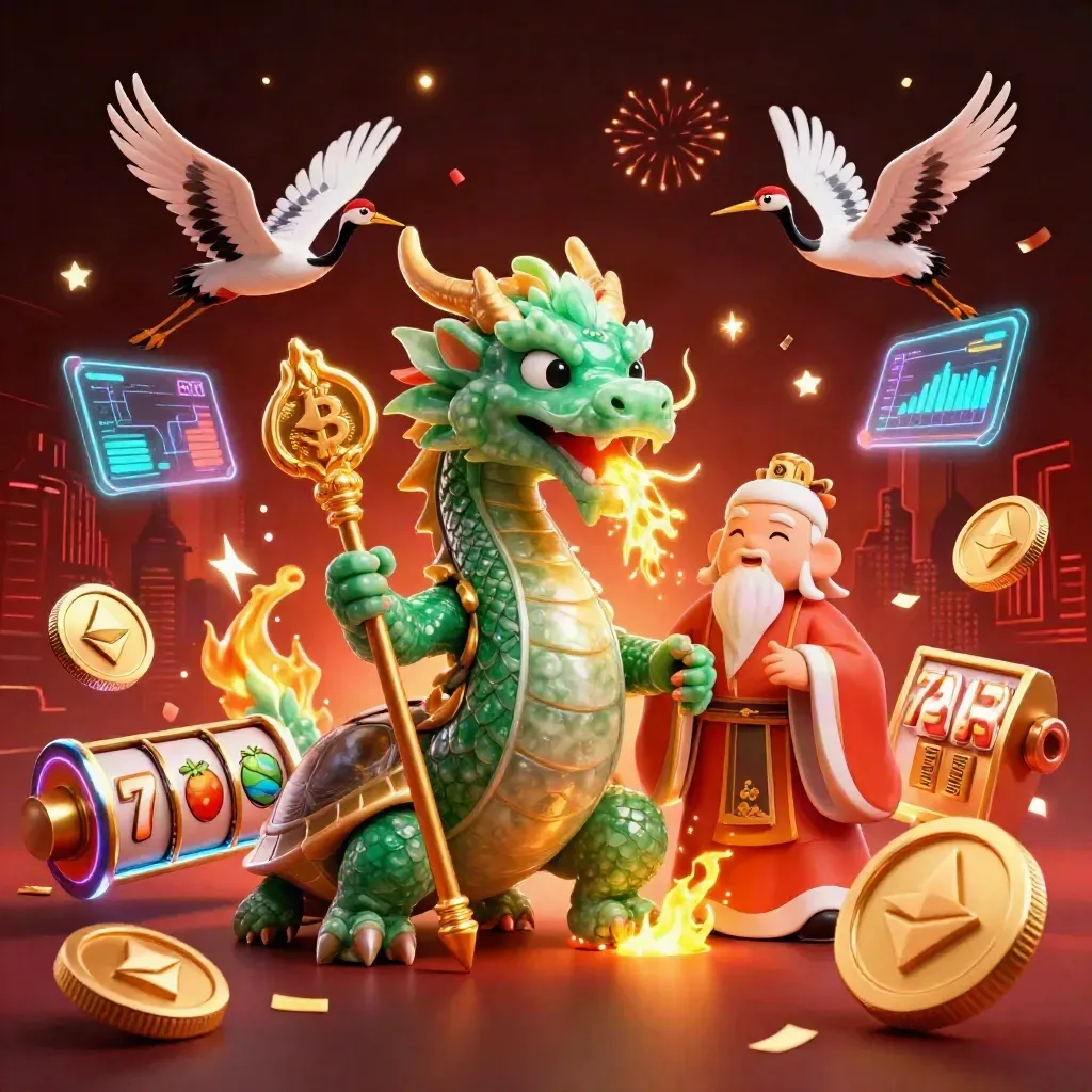 Jade dragon, turtle sage, and ribboned cranes amid gold coins, vault light, and casino fireworks.