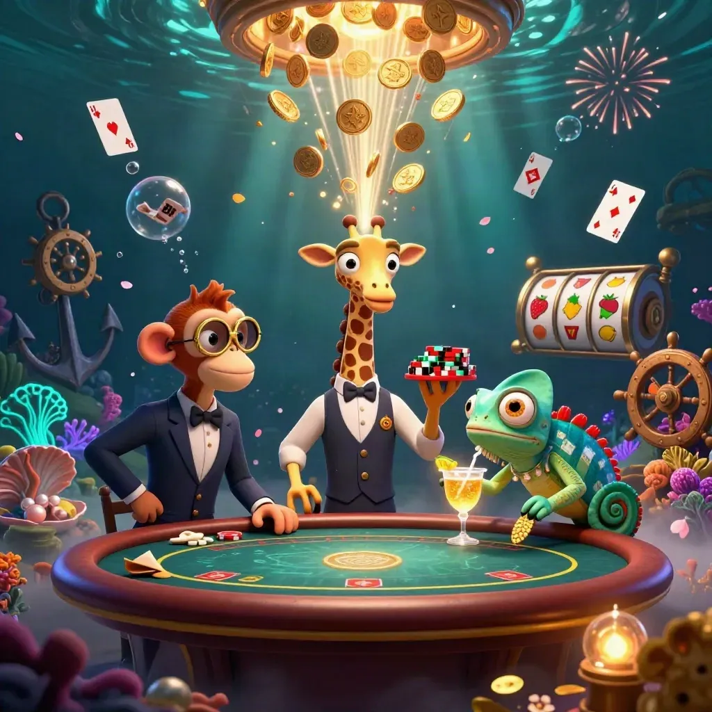 Giraffe, monkey valet, and chameleon bartender amid gold coins, coral, and fireworks underwater.