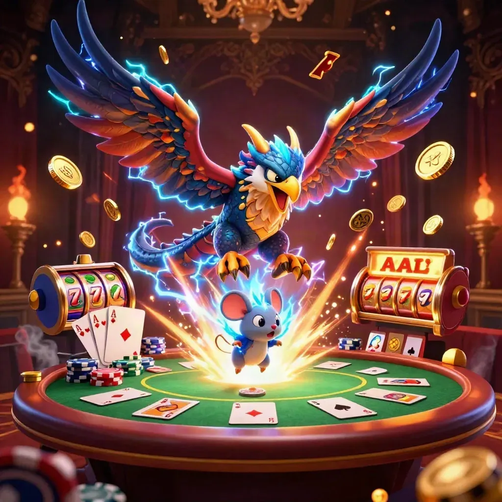 Thunder dragon, wind hawk, and static mouse with casino coins, poker chips, and fireworks
