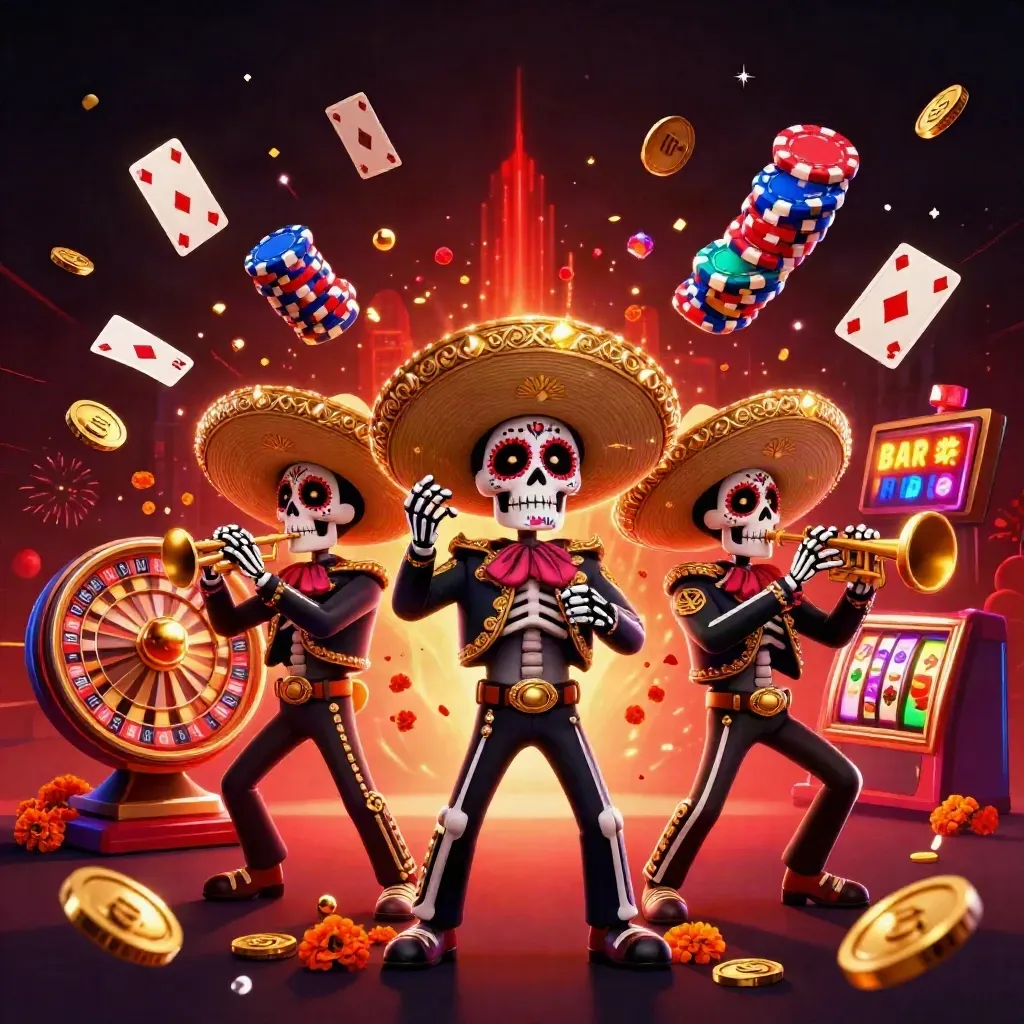 Skeleton mariachi trio amid coins, cards, roulette wheel, neon casino effects