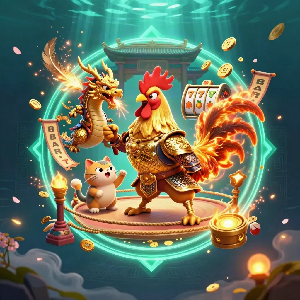 Rooster warrior, dragon hatchling, and fortune-cat in neon casino key art with teal glow.