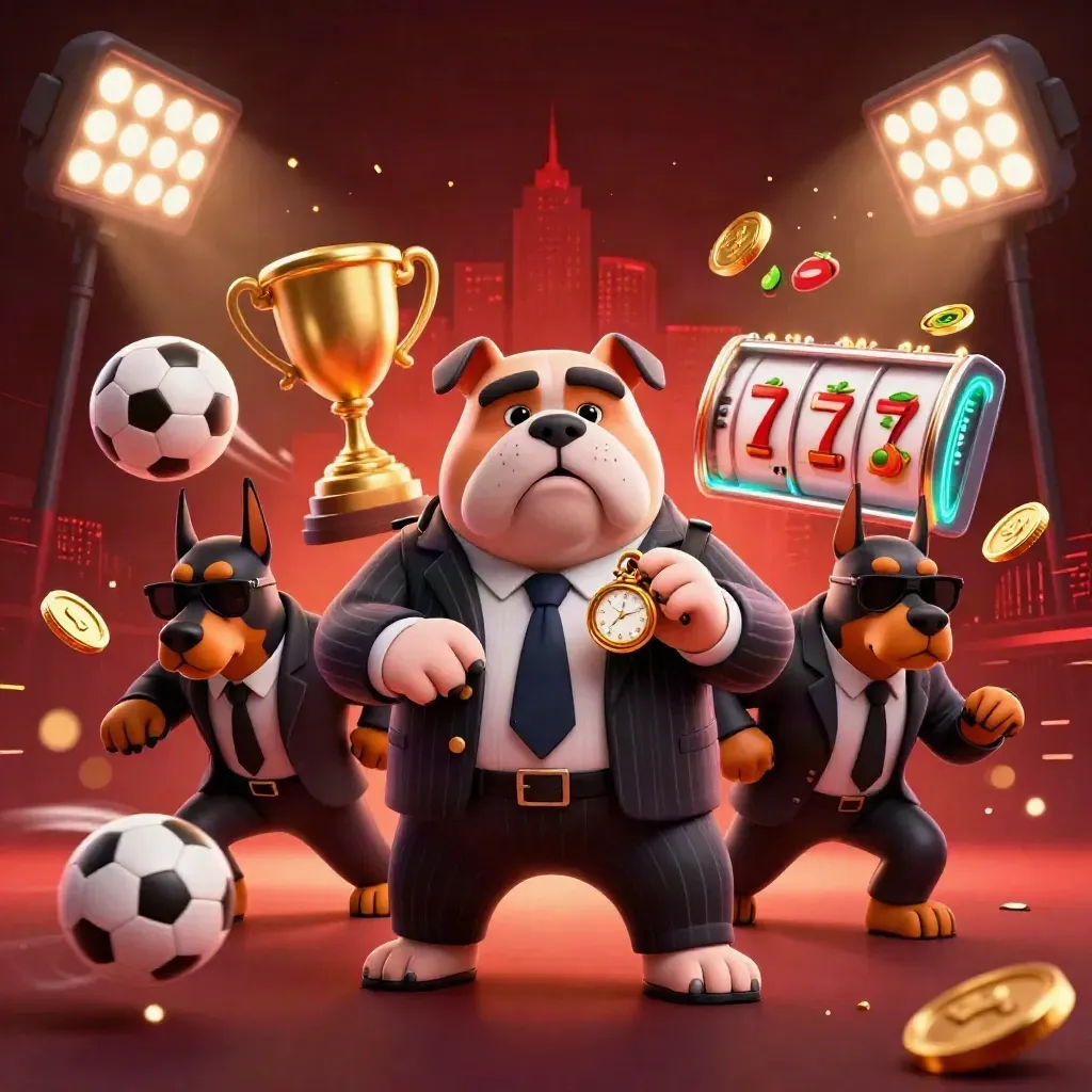 Mafia bulldog with two Dobermans amid casino balls, coins, reels, trophy and neon red-gold glow