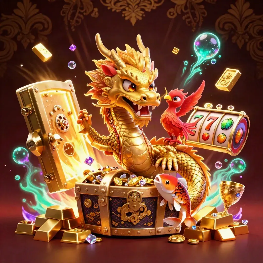 Golden dragon with phoenix and koi amid casino treasure, glowing vault, gems, reels, and neon lights.