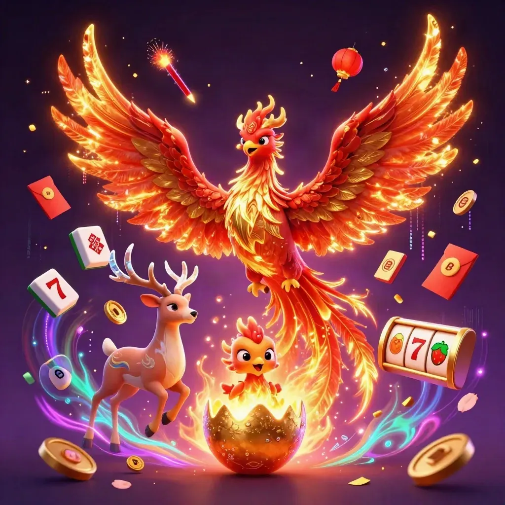 Crimson phoenix, baby hatchling, and crystal stag amid casino symbols on a neon dark background.