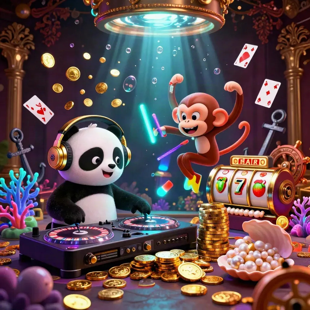 DJ panda, breakdancing monkey, and glow-stick kitten amid neon underwater casino treasure.