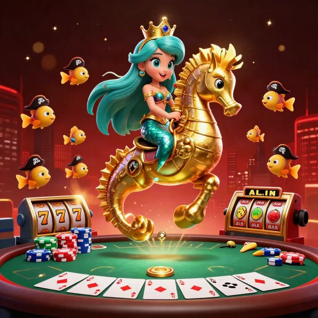 Mermaid princess on a golden seahorse with pirate fish, chips, cards, reels, and neon sparks.