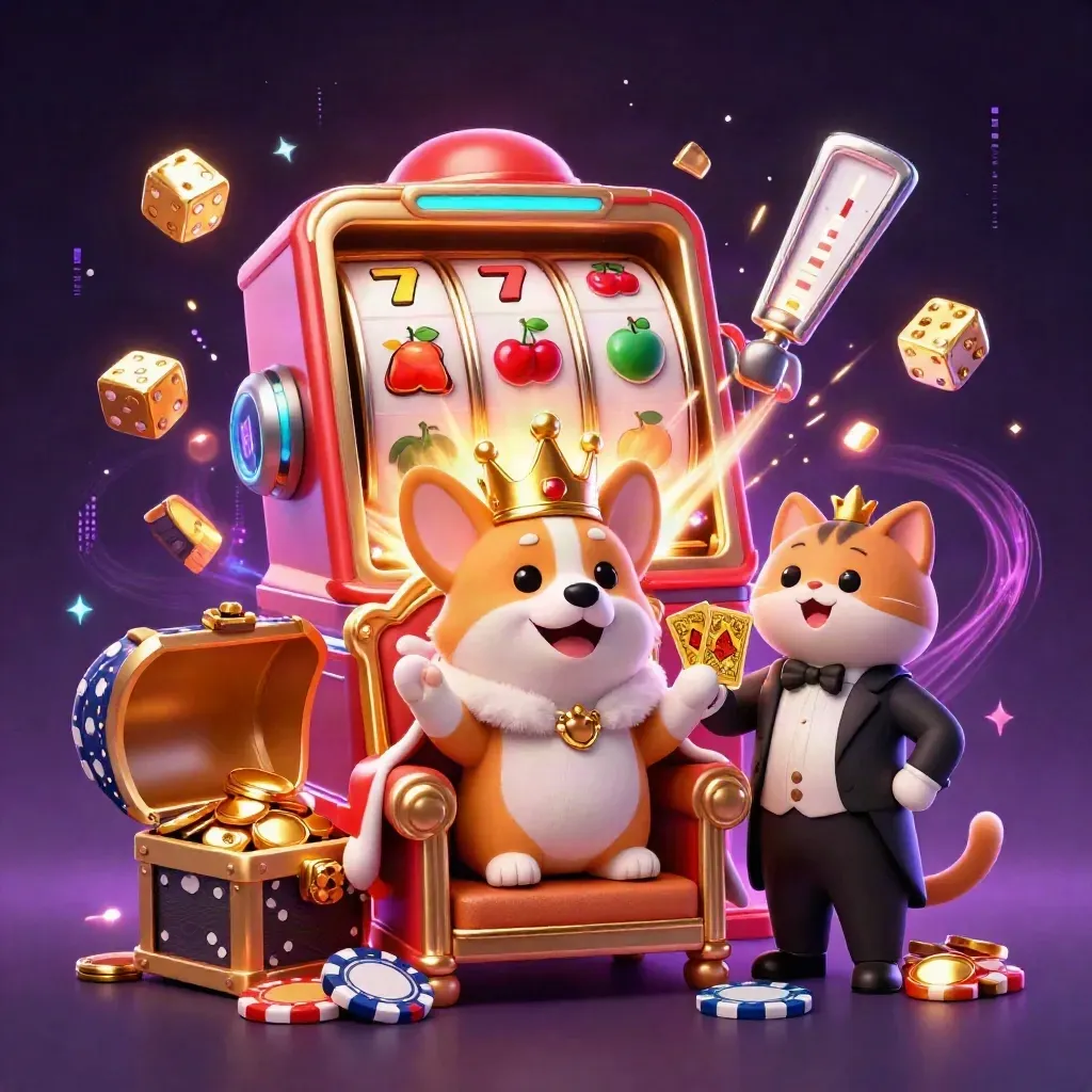 Royal corgi and cat butler amid slot bursts, gold, neon sparks, and treasure.